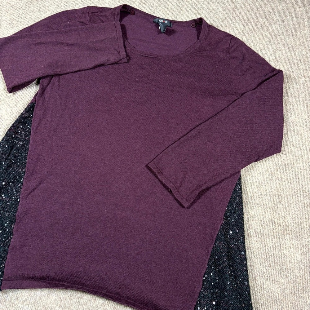 Style&co. Tunic Sweater Womens XL Maroon Black Sequined Panel Asymmetrical Hem